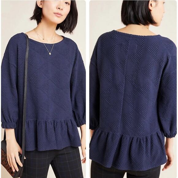 Maeve Textured Blue Ruffle Hem Top Womens XS Lagenlook Modest Demure french - Picture 2 of 11